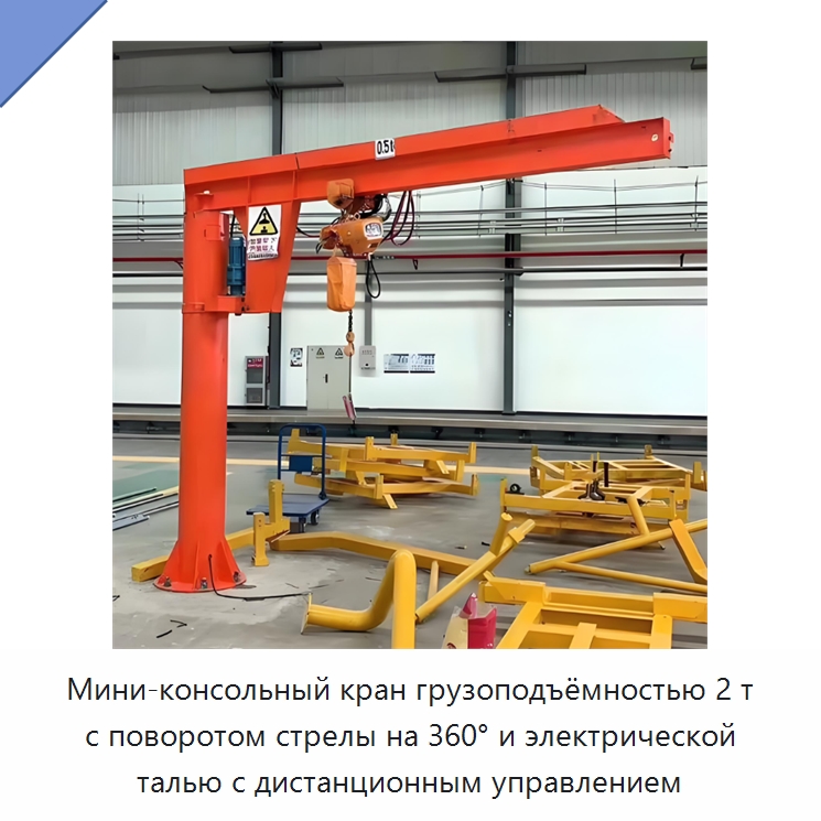 Мини-консольный кран грузоподъёмностью 2 т с поворотом стрелы на 360° и электрической талью с дистанционным управлением — Краны
