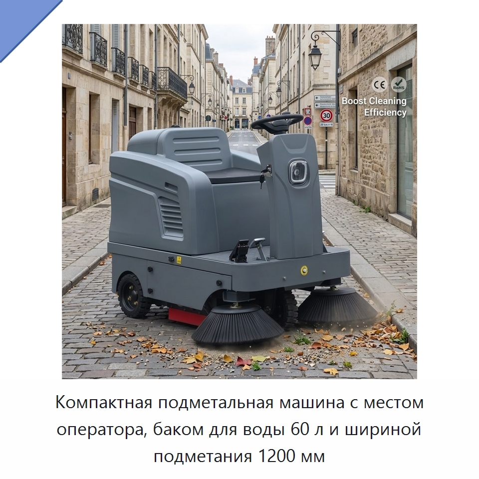 Компактная подметальная машина с местом оператора, баком для воды 60 л и шириной подметания 1200 мм — Подметальные машины