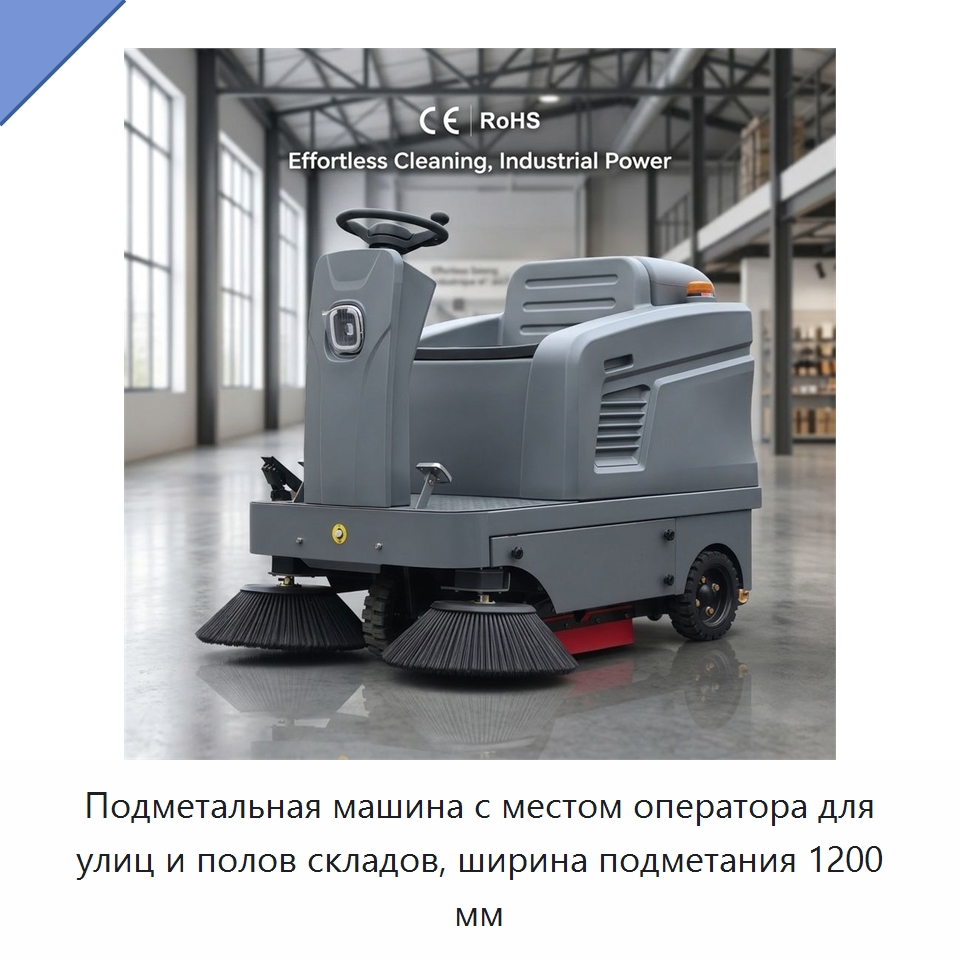 Подметальная машина с местом оператора для улиц и полов складов, ширина подметания 1200 мм — Подметальные машины