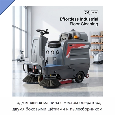 Подметальная машина с местом оператора, двумя боковыми щётками и пылесборником