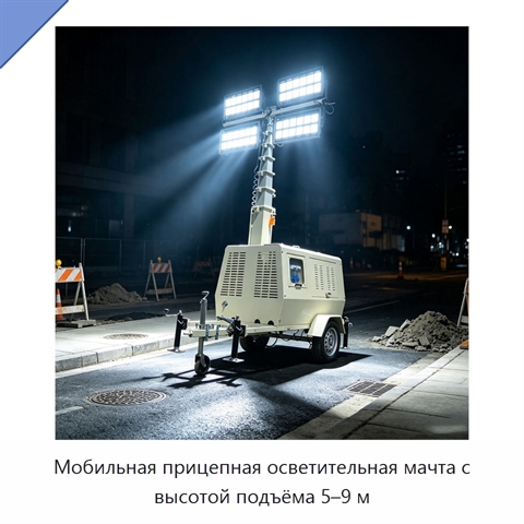 Мобильная прицепная осветительная мачта с высотой подъёма 5–9 м