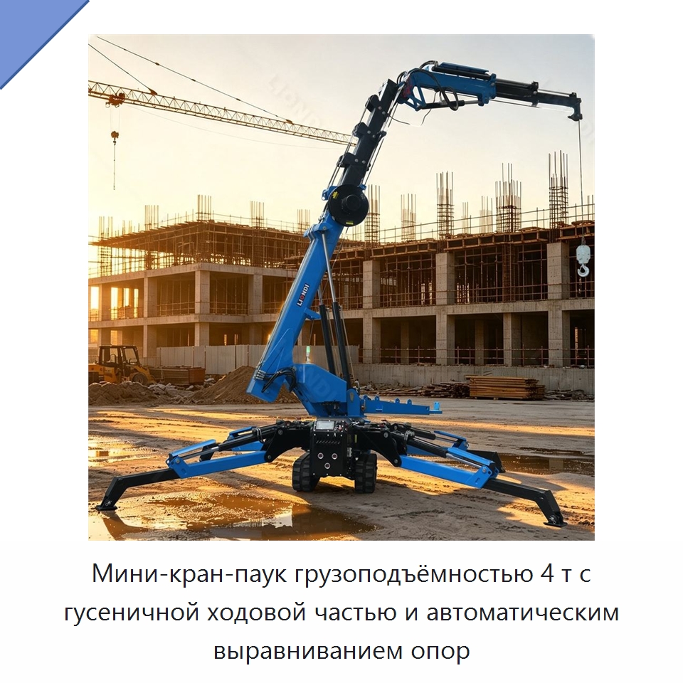 Мини-кран-паук грузоподъёмностью 4 т с гусеничной ходовой частью и автоматическим выравниванием опор — Краны