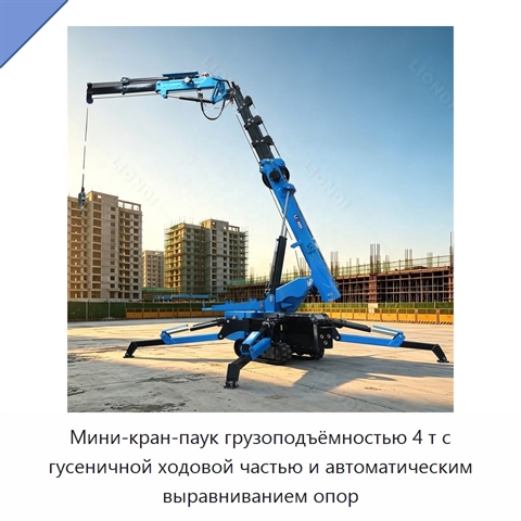 Мини-кран-паук грузоподъёмностью 4 т с гусеничной ходовой частью и автоматическим выравниванием опор