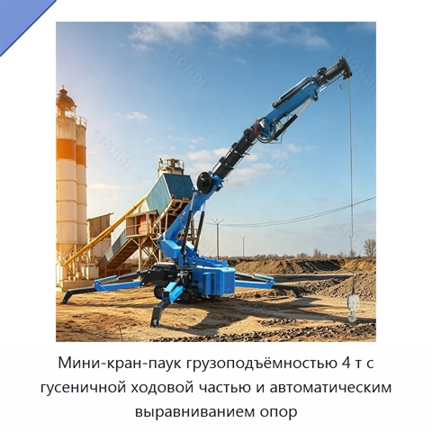 Мини-кран-паук грузоподъёмностью 4 т с гусеничной ходовой частью и автоматическим выравниванием опор