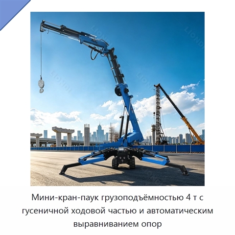 Мини-кран-паук грузоподъёмностью 4 т с гусеничной ходовой частью и автоматическим выравниванием опор