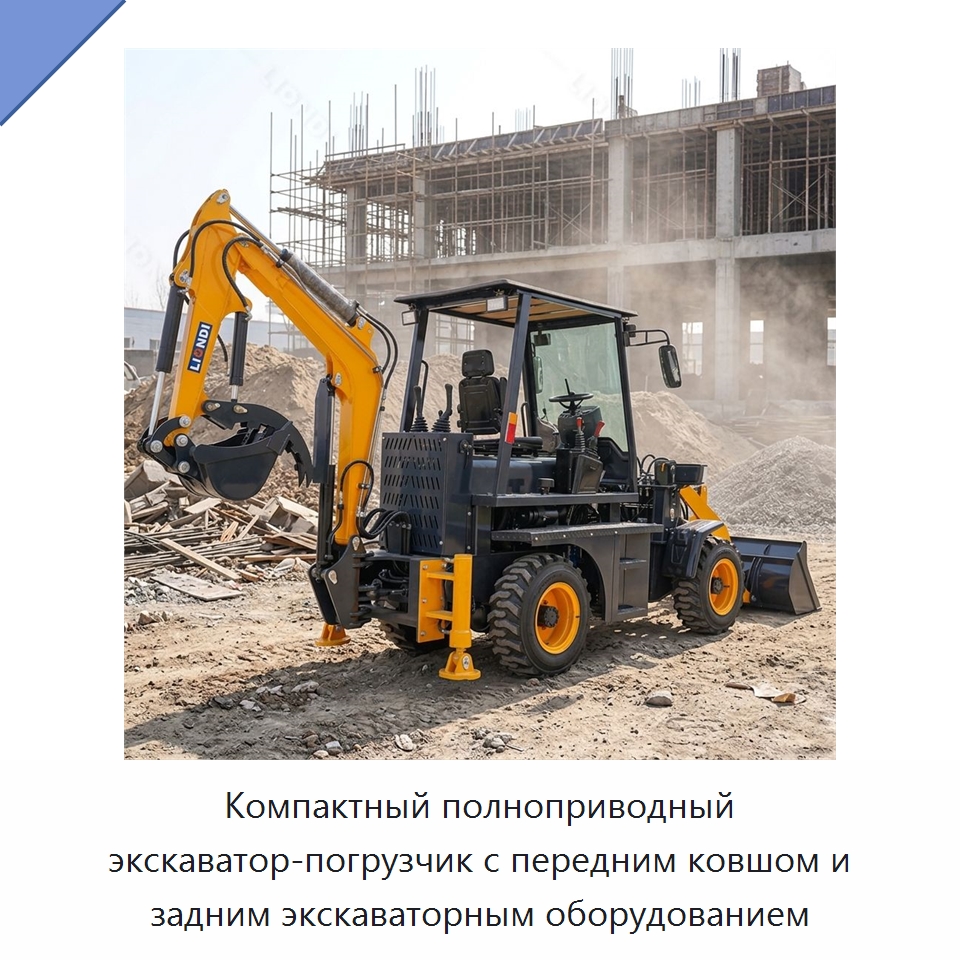 Компактный полноприводный экскаватор-погрузчик с передним ковшом и задним экскаваторным оборудованием — Землеройная техника