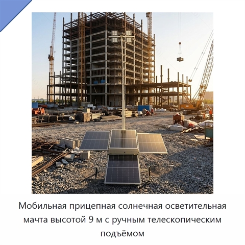 Мобильная прицепная солнечная осветительная мачта высотой 9 м с ручным телескопическим подъёмом