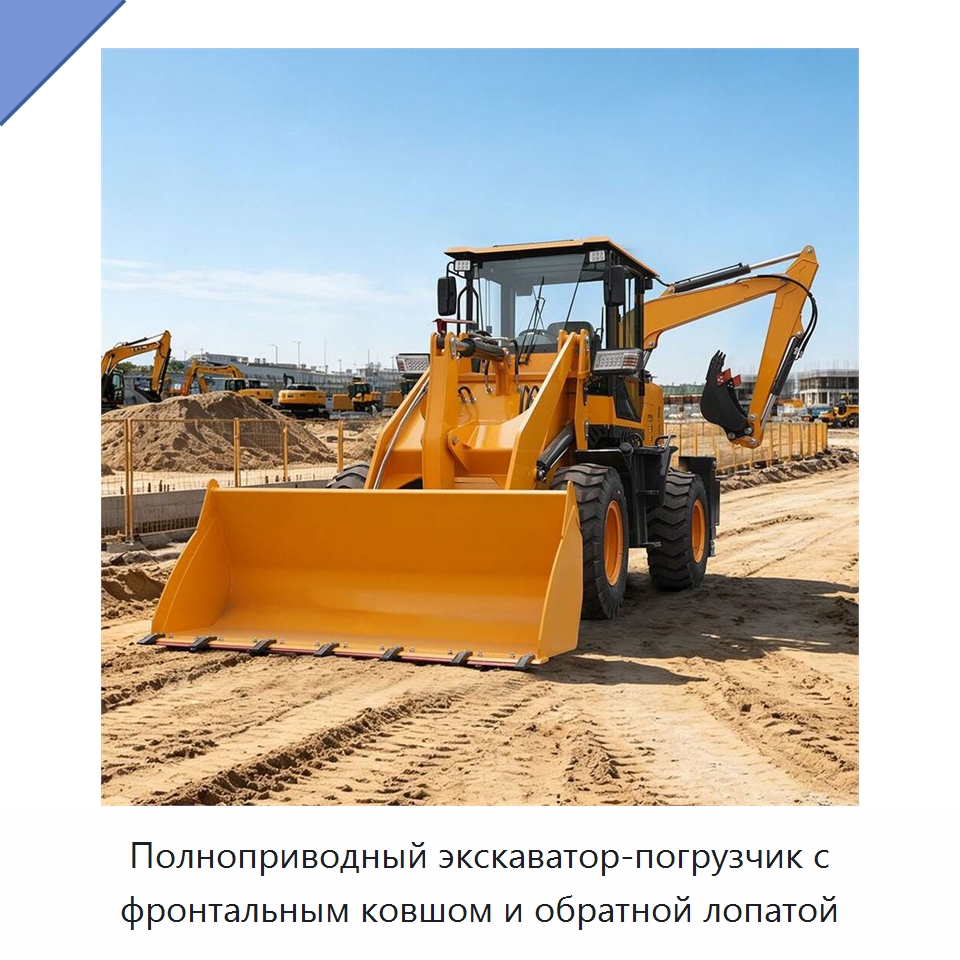 Полноприводный экскаватор-погрузчик с фронтальным ковшом и обратной лопатой — Землеройная техника
