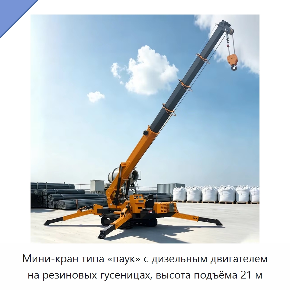 Мини-кран типа «паук» с дизельным двигателем на резиновых гусеницах, высота подъёма 21 м — Краны