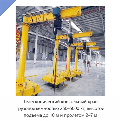 Телескопический консольный кран грузоподъёмностью 250–5000 кг, высотой подъёма до 10 м и пролётом 2–7 м