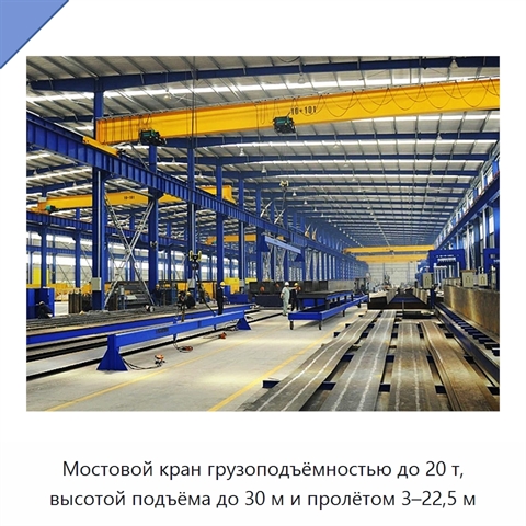 Мостовой кран грузоподъёмностью до 20 т, высотой подъёма до 30 м и пролётом 3–22,5 м