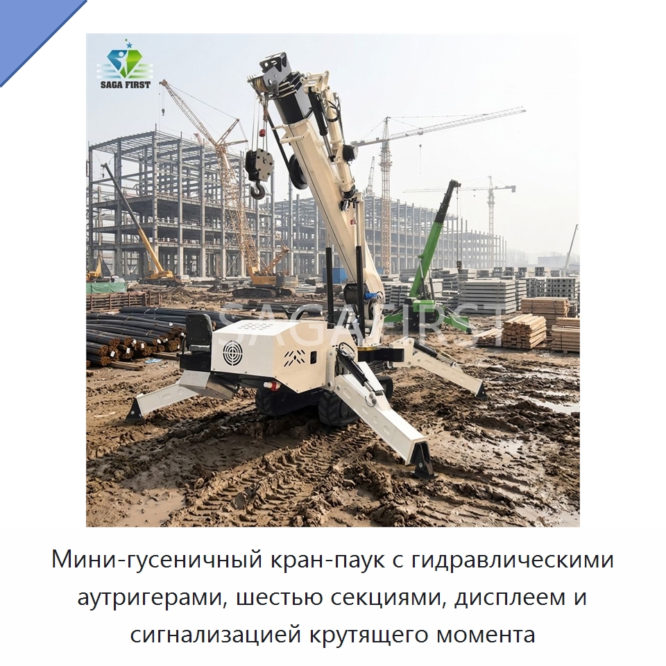 Мини-гусеничный кран-паук с гидравлическими аутригерами, шестью секциями, дисплеем и сигнализацией крутящего момента — Краны