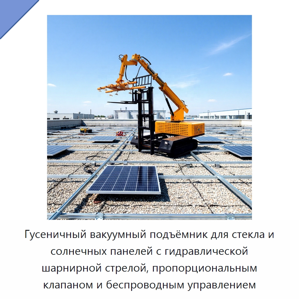 Гусеничный вакуумный подъёмник для стекла и солнечных панелей с гидравлической шарнирной стрелой, пропорциональным клапаном и беспроводным управлением — Строительные подъёмники