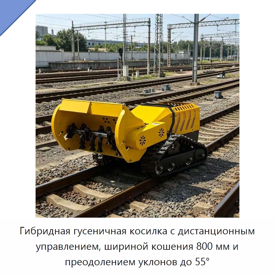 Гибридная гусеничная косилка с дистанционным управлением, шириной кошения 800 мм и преодолением уклонов до 55°