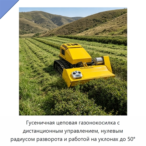 Гусеничная цеповая газонокосилка с дистанционным управлением, нулевым радиусом разворота и работой на уклонах до 50°