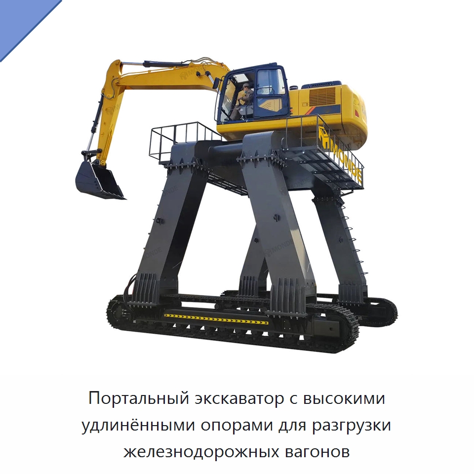 Портальный экскаватор с высокими удлинёнными опорами для разгрузки железнодорожных вагонов — Навесное оборудование для строительной техники