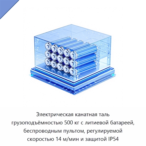 Электрическая канатная таль грузоподъёмностью 500 кг с литиевой батареей, беспроводным пультом, регулируемой скоростью 14 м/мин и защитой IP54
