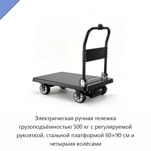 Электрическая ручная тележка грузоподъёмностью 500 кг с регулируемой рукояткой, стальной платформой 60×90 см и четырьмя колёсами