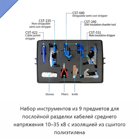 Набор инструментов из 9 предметов для послойной разделки кабелей среднего напряжения 10–35 кВ с изоляцией из сшитого полиэтилена