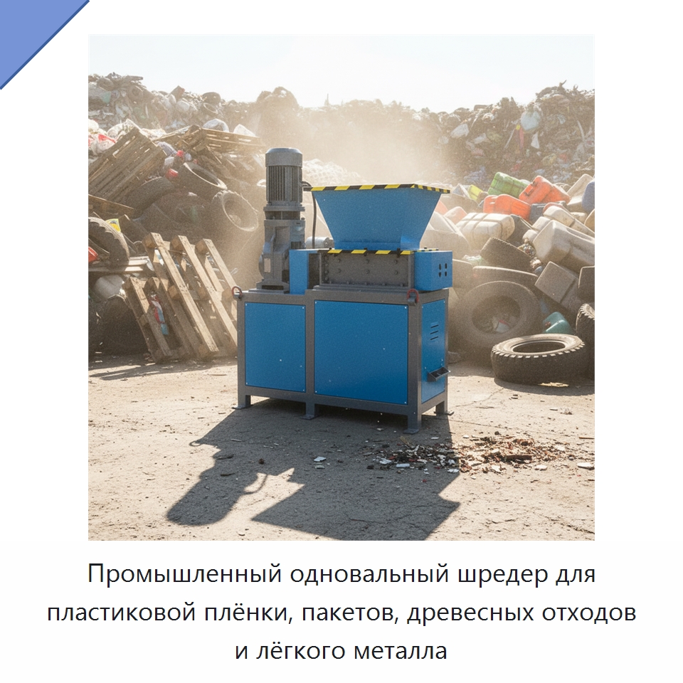 Промышленный одновальный шредер для пластиковой плёнки, пакетов, древесных отходов и лёгкого металла — Оборудование для переработки пластиковых отходов