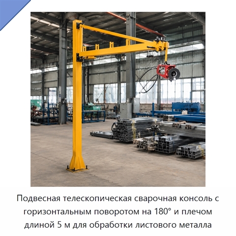 Подвесная телескопическая сварочная консоль с горизонтальным поворотом на 180° и плечом длиной 5 м для обработки листового металла