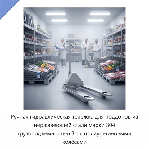 Ручная гидравлическая тележка для поддонов из нержавеющей стали марки 304 грузоподъёмностью 3 т с полиуретановыми колёсами