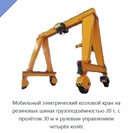Мобильный электрический козловой кран на резиновых шинах грузоподъёмностью 20 т, с пролётом 30 м и рулевым управлением четырёх колёс — Краны