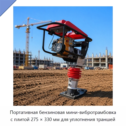 Портативная бензиновая мини-вибротрамбовка с плитой 275 × 330 мм для уплотнения траншей