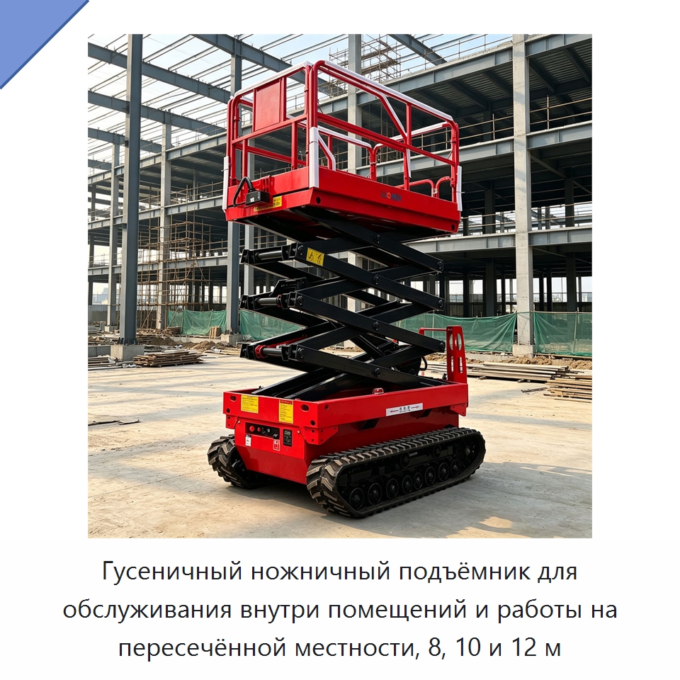 Гусеничный ножничный подъёмник для обслуживания внутри помещений и работы на пересечённой местности, 8, 10 и 12 м — Подъемные столы