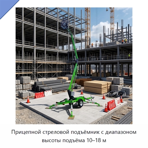 Прицепной стреловой подъёмник с диапазоном высоты подъёма 10–18 м