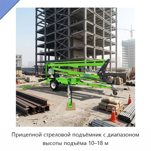 Прицепной стреловой подъёмник с диапазоном высоты подъёма 10–18 м