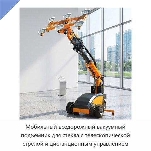 Мобильный вседорожный вакуумный подъёмник для стекла с телескопической стрелой и дистанционным управлением