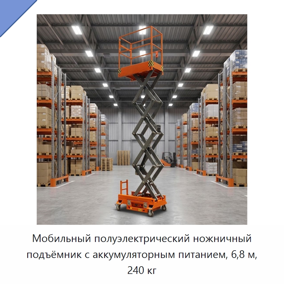 Мобильный полуэлектрический ножничный подъёмник с аккумуляторным питанием, 6,8 м, 240 кг — Электротали