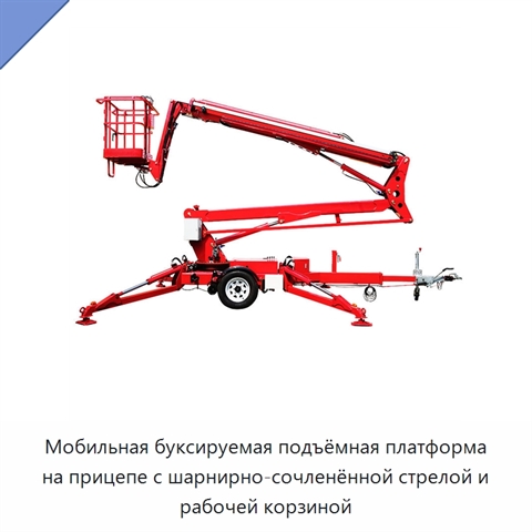 Мобильная буксируемая подъёмная платформа на прицепе с шарнирно-сочленённой стрелой и рабочей корзиной