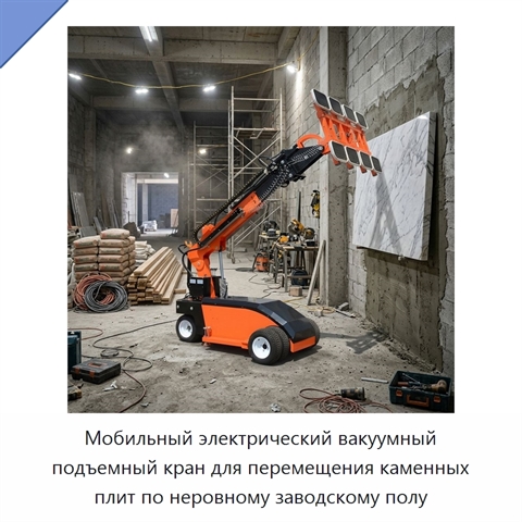 Мобильный электрический вакуумный подъемный кран для перемещения каменных плит по неровному заводскому полу