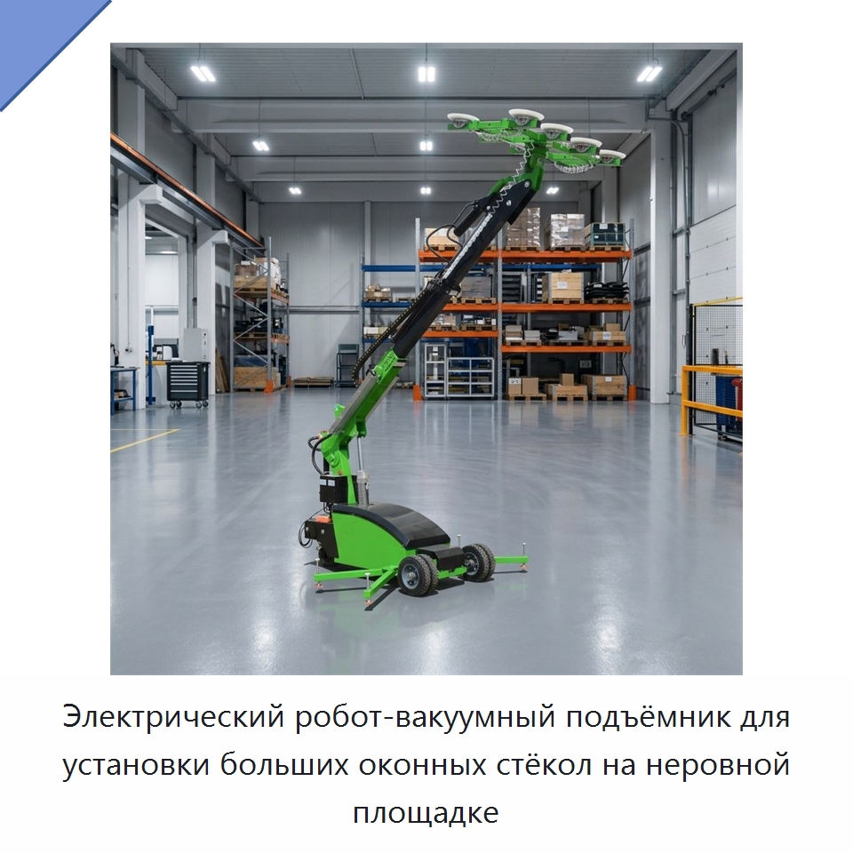 Электрический робот-вакуумный подъёмник для установки больших оконных стёкол на неровной площадке — Вакуумные грузозахваты