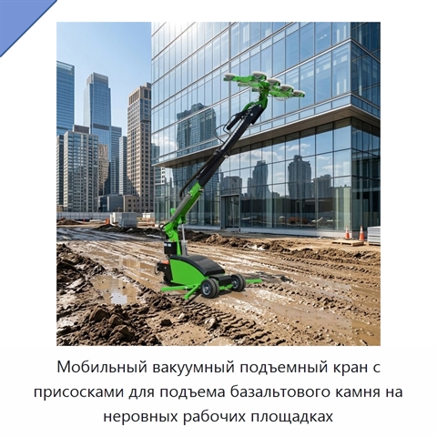 Мобильный вакуумный подъемный кран с присосками для подъема базальтового камня на неровных рабочих площадках