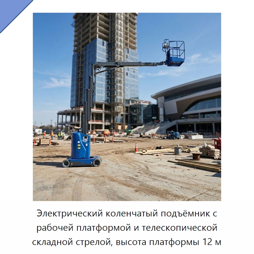 Электрический коленчатый подъёмник с рабочей платформой и телескопической складной стрелой, высота платформы 12 м — Подъемные столы