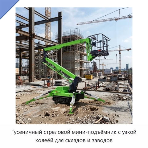 Гусеничный стреловой мини-подъёмник с узкой колеёй для складов и заводов
