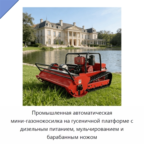 Промышленная автоматическая мини-газонокосилка на гусеничной платформе с дизельным питанием, мульчированием и барабанным ножом