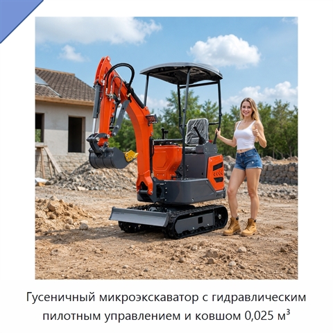 Гусеничный микроэкскаватор с гидравлическим пилотным управлением и ковшом 0,025 м³