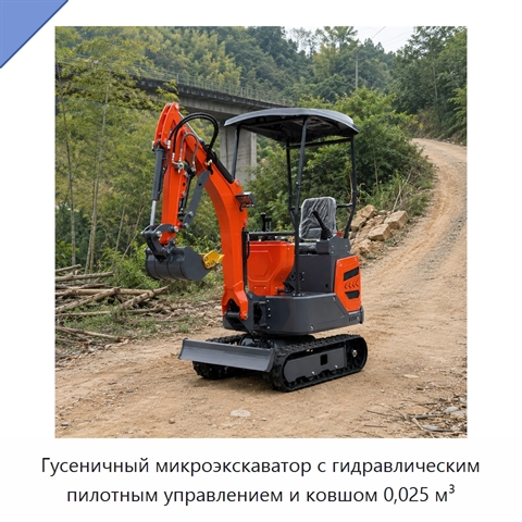 Гусеничный микроэкскаватор с гидравлическим пилотным управлением и ковшом 0,025 м³