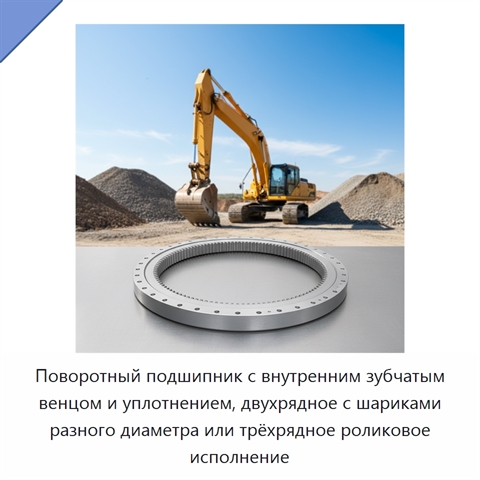 Поворотный подшипник с внутренним зубчатым венцом и уплотнением, двухрядное с шариками разного диаметра или трёхрядное роликовое исполнение