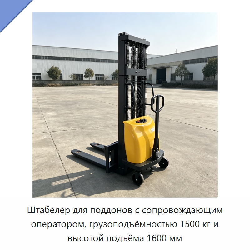 Штабелер для поддонов с сопровождающим оператором, грузоподъёмностью 1500 кг и высотой подъёма 1600 мм — Промышленное оборудование