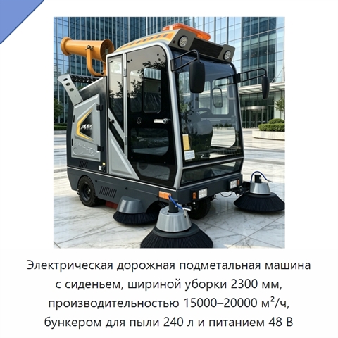 Электрическая дорожная подметальная машина с сиденьем, шириной уборки 2300 мм, производительностью 15000–20000 м²/ч, бункером для пыли 240 л и питанием 48 В