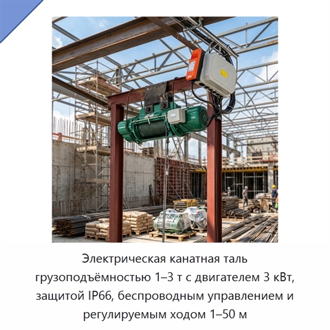 Электрическая канатная таль грузоподъёмностью 1–3 т с двигателем 3 кВт, защитой IP66, беспроводным управлением и регулируемым ходом 1–50 м