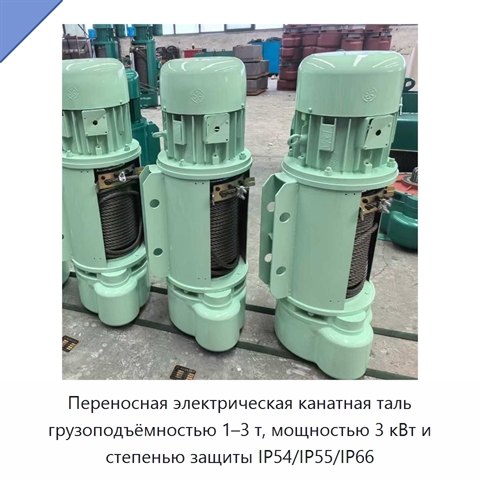 Переносная электрическая канатная таль грузоподъёмностью 1–3 т, мощностью 3 кВт и степенью защиты IP54/IP55/IP66
