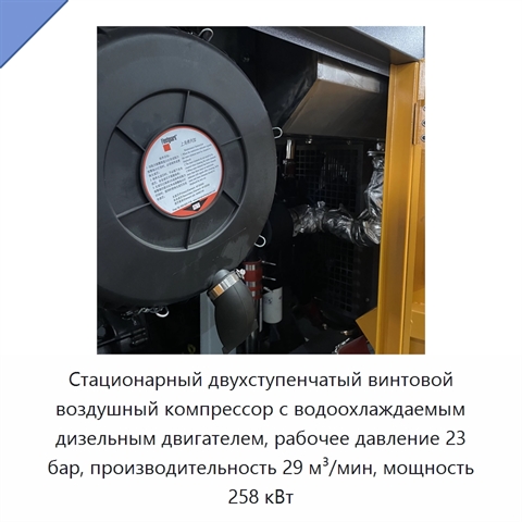 Стационарный двухступенчатый винтовой воздушный компрессор с водоохлаждаемым дизельным двигателем, рабочее давление 23 бар, производительность 29 м³/мин, мощность 258 кВт