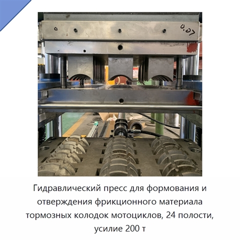 Гидравлический пресс для формования и отверждения фрикционного материала тормозных колодок мотоциклов, 24 полости, усилие 200 т