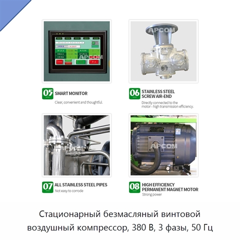 Стационарный безмасляный винтовой воздушный компрессор, 380 В, 3 фазы, 50 Гц